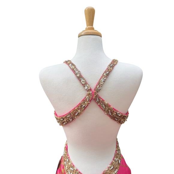 Mac Duggal Cassandra Stone Prom Dress Gown Hot Pink Gold Beaded Metallic Formal - Picture 6 of 16